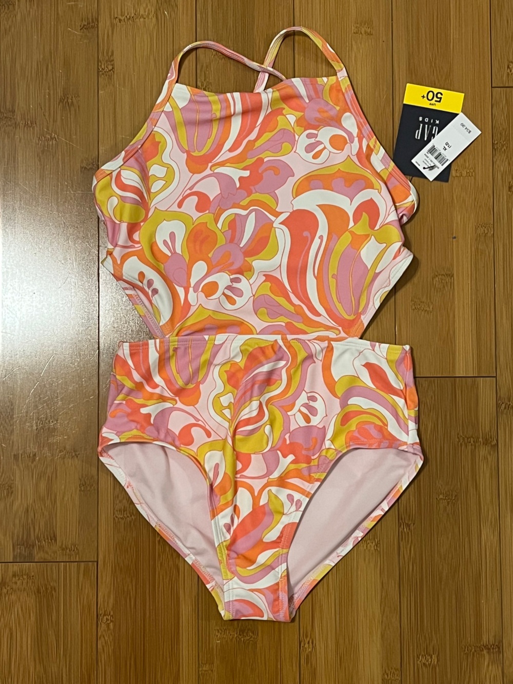 New w tags GAP Girls One-Piece Swimsuit Pink Orange Yellow Floral UPF 50+ XL 12